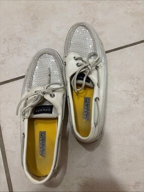 Sperry White Boat Shoes with Silver Sequin Toe